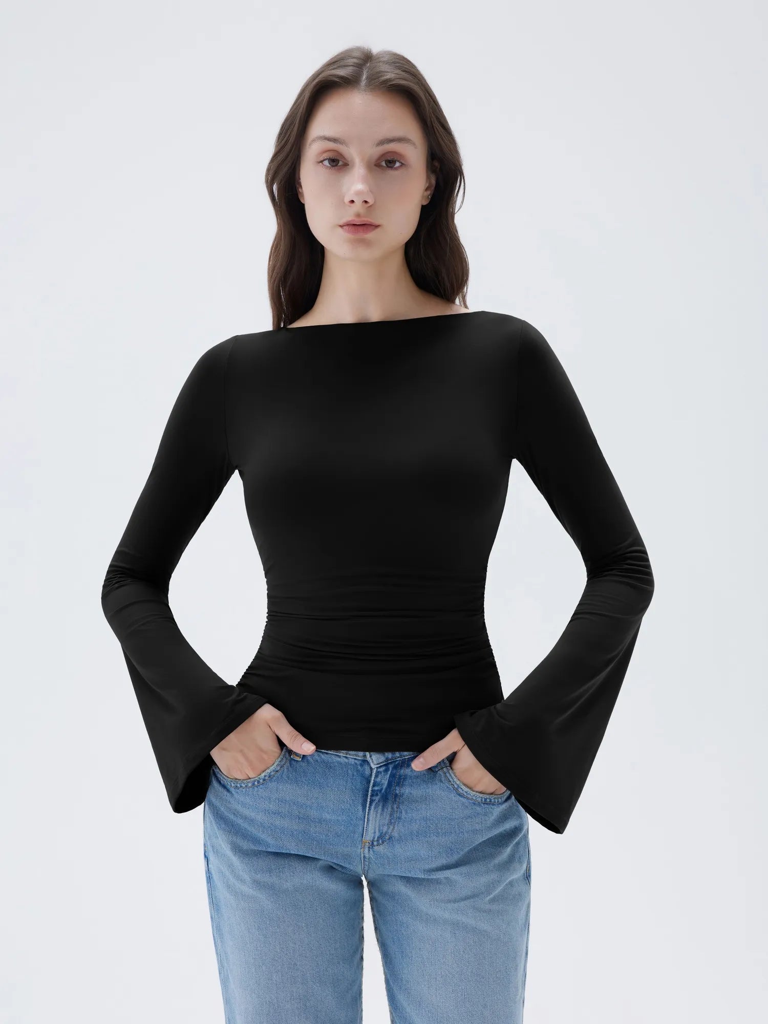 SUUKSESS Women Crew Neck Bell Sleeve Tops Double Lined Going Out Fitted Basic T Shirts-SUUKSESS-SUUKSESS