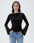 SUUKSESS Women Crew Neck Bell Sleeve Tops Double Lined Going Out Fitted Basic T Shirts-SUUKSESS-SUUKSESS