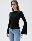 SUUKSESS Women Crew Neck Bell Sleeve Tops Double Lined Going Out Fitted Basic T Shirts-SUUKSESS-SUUKSESS