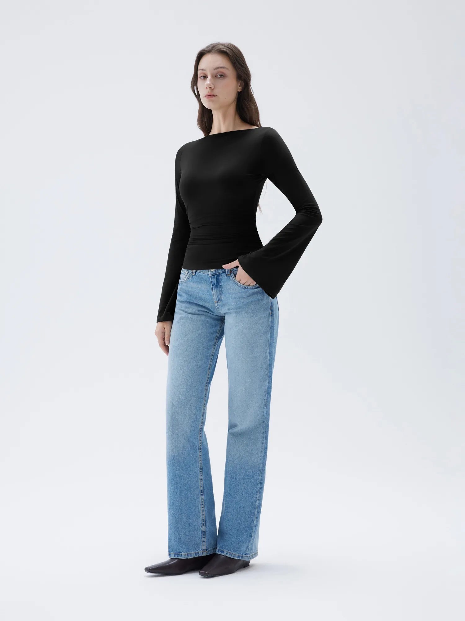 SUUKSESS Women Crew Neck Bell Sleeve Tops Double Lined Going Out Fitted Basic T Shirts-SUUKSESS-SUUKSESS