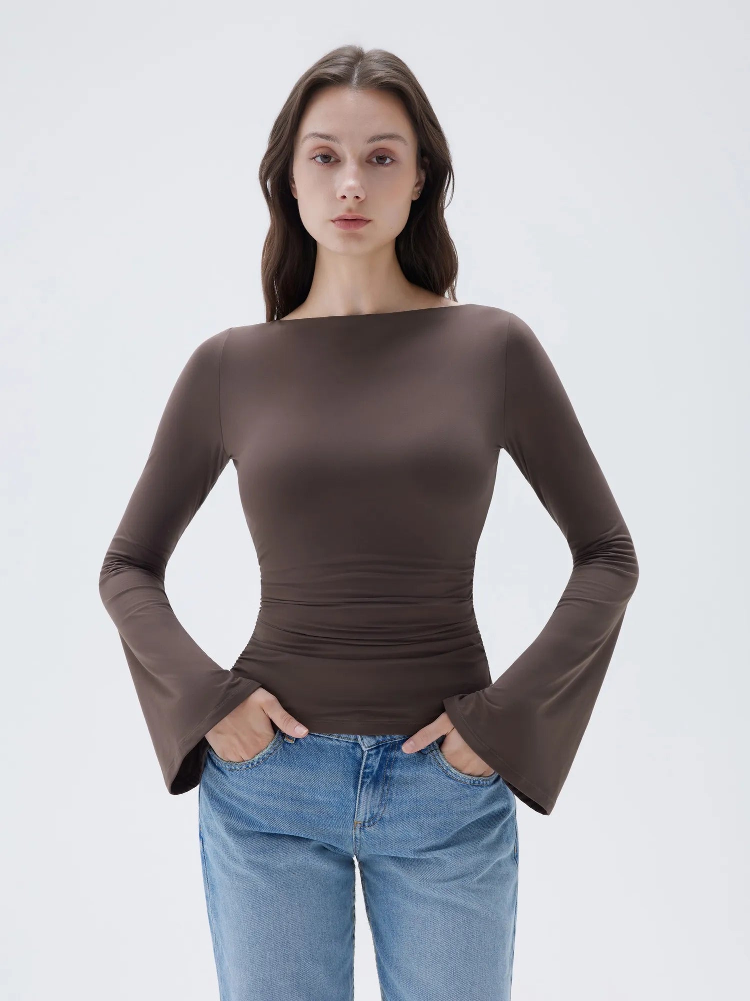 SUUKSESS Women Crew Neck Bell Sleeve Tops Double Lined Going Out Fitted Basic T Shirts-SUUKSESS-Brown-XS-SUUKSESS