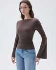 SUUKSESS Women Crew Neck Bell Sleeve Tops Double Lined Going Out Fitted Basic T Shirts-SUUKSESS-SUUKSESS