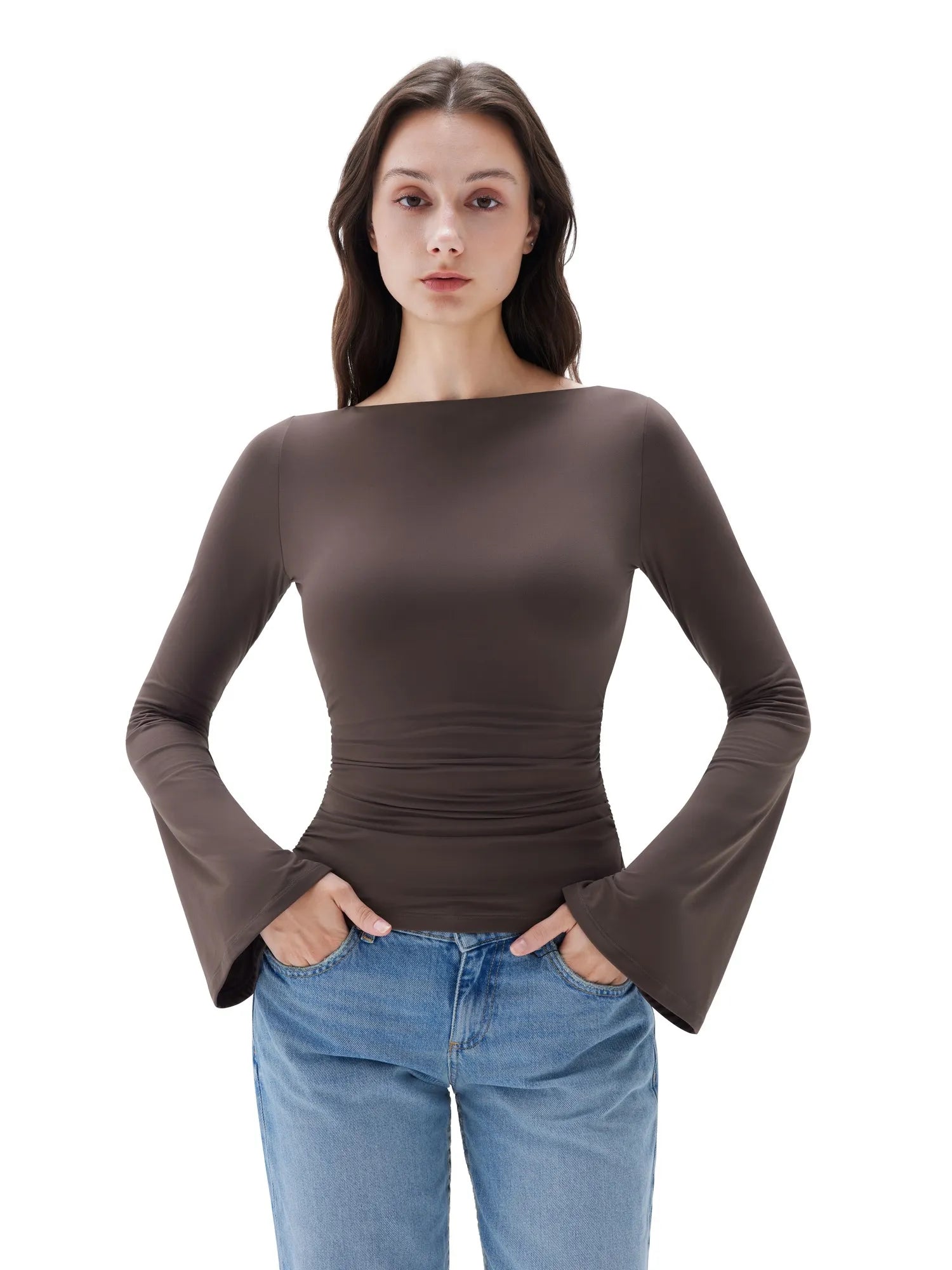SUUKSESS Women Crew Neck Bell Sleeve Tops Double Lined Going Out Fitted Basic T Shirts-SUUKSESS-SUUKSESS