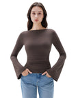 SUUKSESS Women Crew Neck Bell Sleeve Tops Double Lined Going Out Fitted Basic T Shirts-SUUKSESS-SUUKSESS