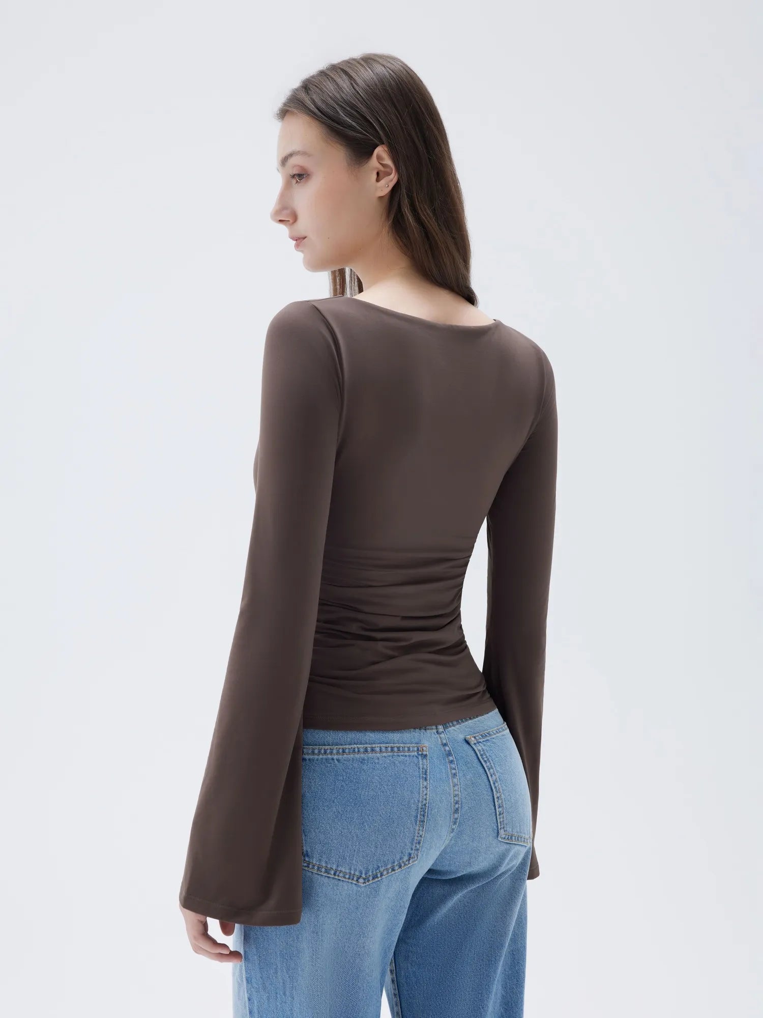 SUUKSESS Women Crew Neck Bell Sleeve Tops Double Lined Going Out Fitted Basic T Shirts-SUUKSESS-SUUKSESS