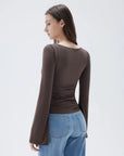 SUUKSESS Women Crew Neck Bell Sleeve Tops Double Lined Going Out Fitted Basic T Shirts-SUUKSESS-SUUKSESS