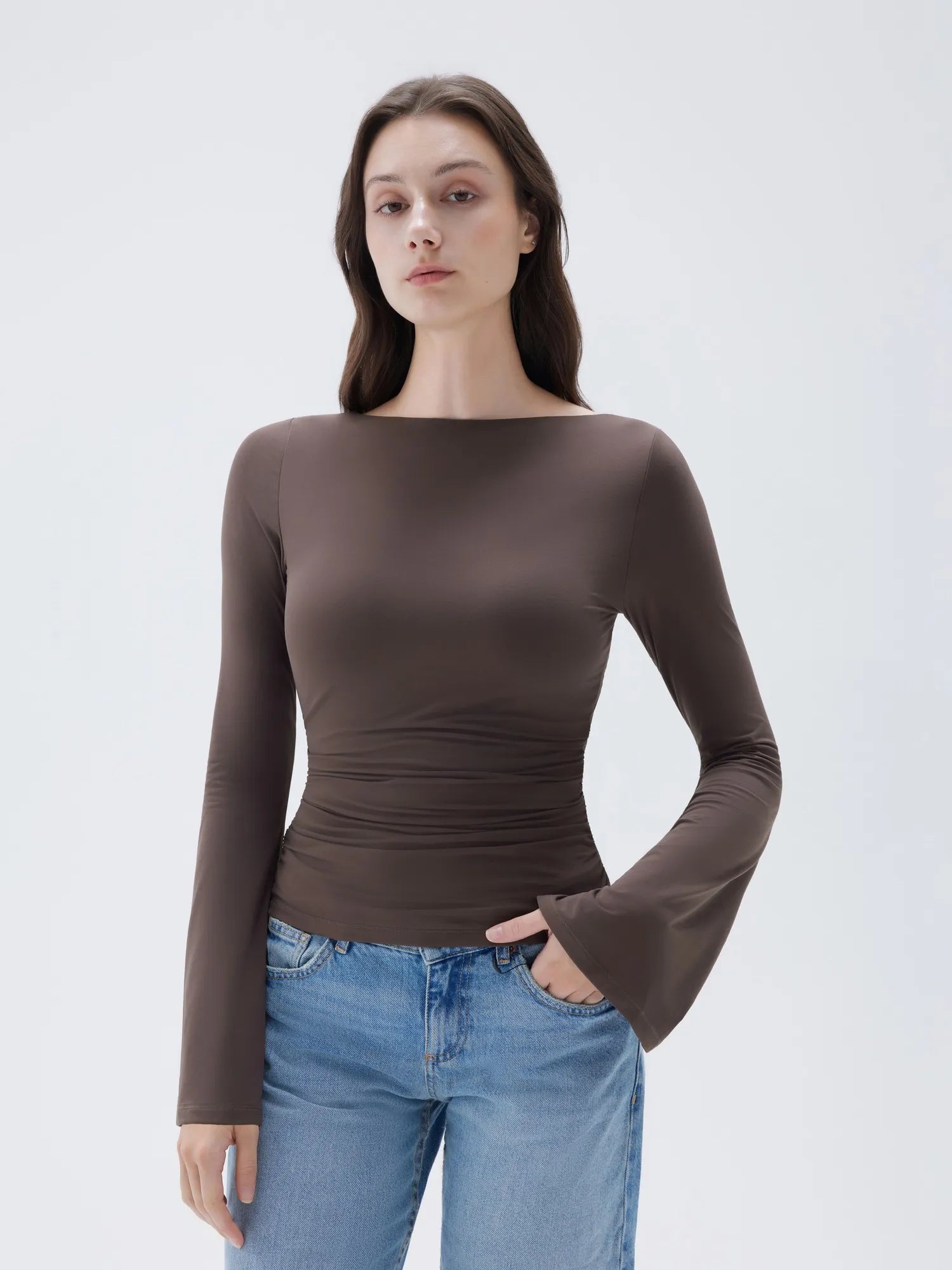 SUUKSESS Women Crew Neck Bell Sleeve Tops Double Lined Going Out Fitted Basic T Shirts-SUUKSESS-SUUKSESS