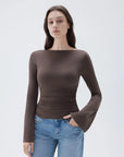SUUKSESS Women Crew Neck Bell Sleeve Tops Double Lined Going Out Fitted Basic T Shirts-SUUKSESS-SUUKSESS