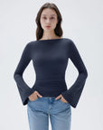 SUUKSESS Women Crew Neck Bell Sleeve Tops Double Lined Going Out Fitted Basic T Shirts-SUUKSESS-Navy-XS-SUUKSESS