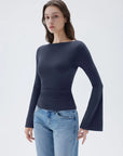 SUUKSESS Women Crew Neck Bell Sleeve Tops Double Lined Going Out Fitted Basic T Shirts-SUUKSESS-SUUKSESS