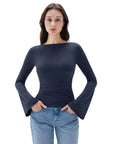 SUUKSESS Women Crew Neck Bell Sleeve Tops Double Lined Going Out Fitted Basic T Shirts-SUUKSESS-SUUKSESS