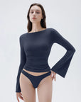 SUUKSESS Women Crew Neck Bell Sleeve Tops Double Lined Going Out Fitted Basic T Shirts-SUUKSESS-SUUKSESS