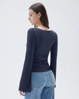 SUUKSESS Women Crew Neck Bell Sleeve Tops Double Lined Going Out Fitted Basic T Shirts-SUUKSESS-SUUKSESS