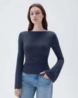 SUUKSESS Women Crew Neck Bell Sleeve Tops Double Lined Going Out Fitted Basic T Shirts-SUUKSESS-SUUKSESS