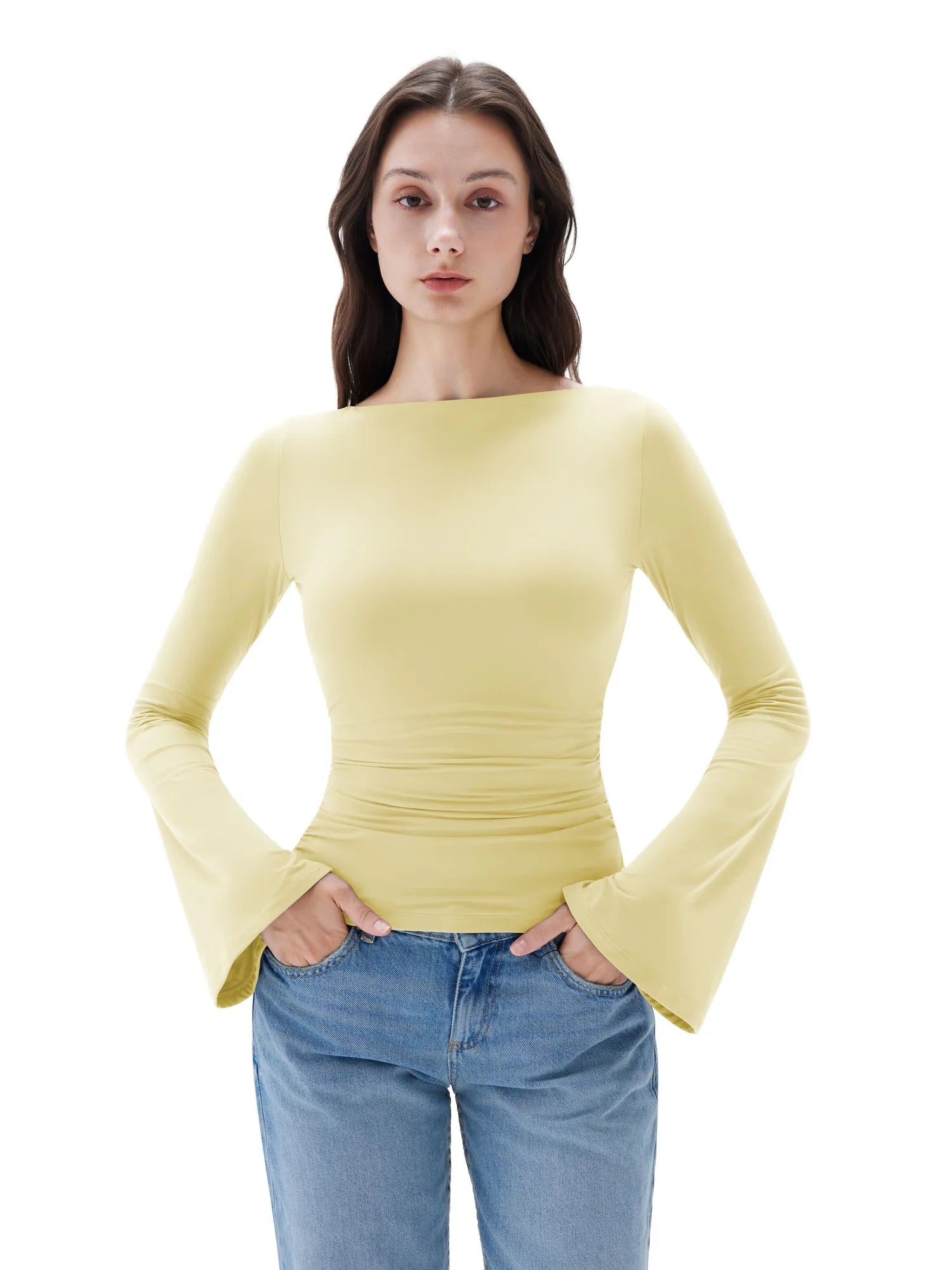 SUUKSESS Women Crew Neck Bell Sleeve Tops Double Lined Going Out Fitted Basic T Shirts-SUUKSESS-SUUKSESS