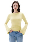 SUUKSESS Women Crew Neck Bell Sleeve Tops Double Lined Going Out Fitted Basic T Shirts-SUUKSESS-SUUKSESS