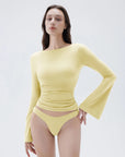 SUUKSESS Women Crew Neck Bell Sleeve Tops Double Lined Going Out Fitted Basic T Shirts-SUUKSESS-Yellow-XS-SUUKSESS