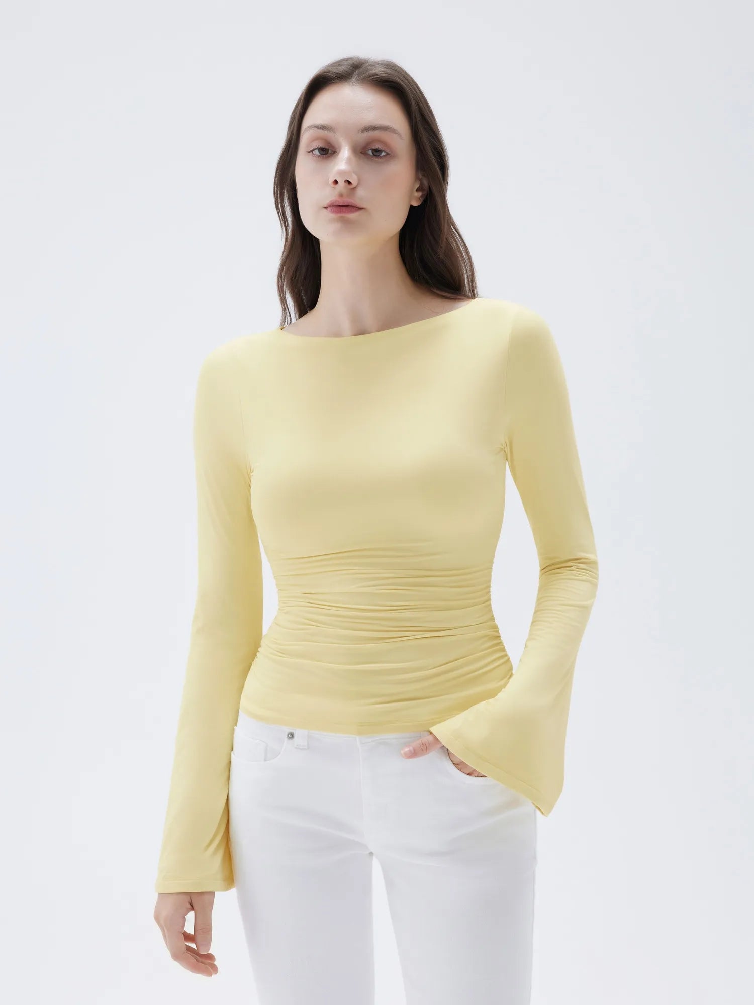 SUUKSESS Women Crew Neck Bell Sleeve Tops Double Lined Going Out Fitted Basic T Shirts-SUUKSESS-SUUKSESS