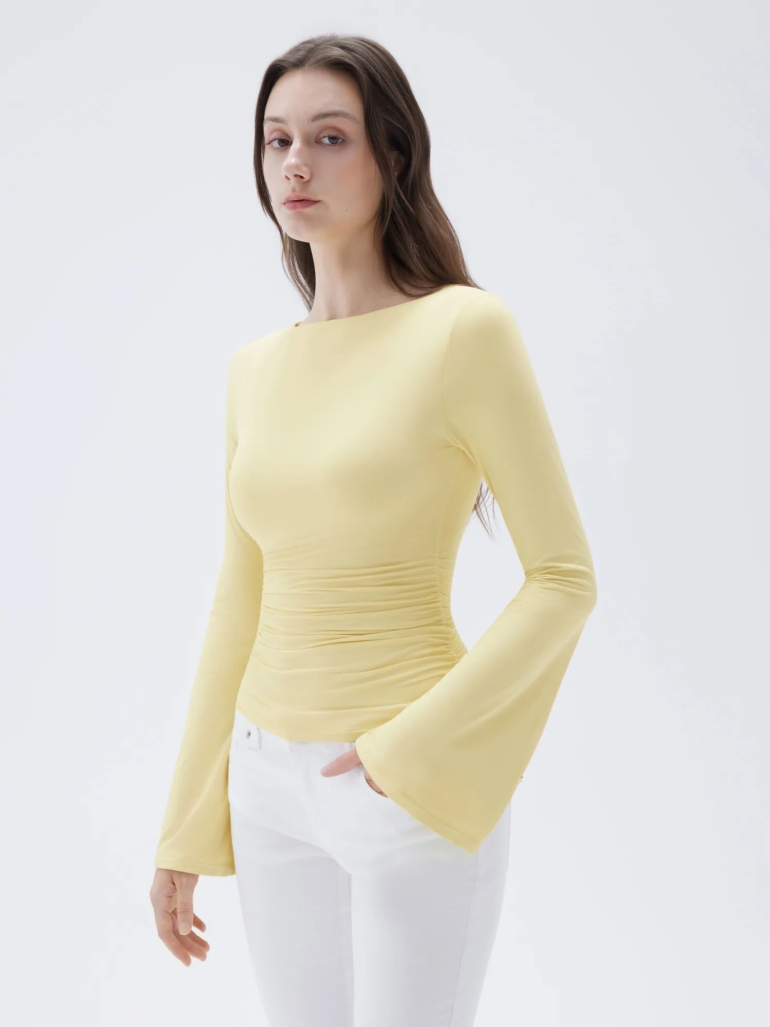 SUUKSESS Women Crew Neck Bell Sleeve Tops Double Lined Going Out Fitted Basic T Shirts-SUUKSESS-SUUKSESS