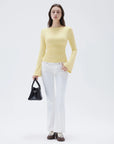 SUUKSESS Women Crew Neck Bell Sleeve Tops Double Lined Going Out Fitted Basic T Shirts-SUUKSESS-SUUKSESS