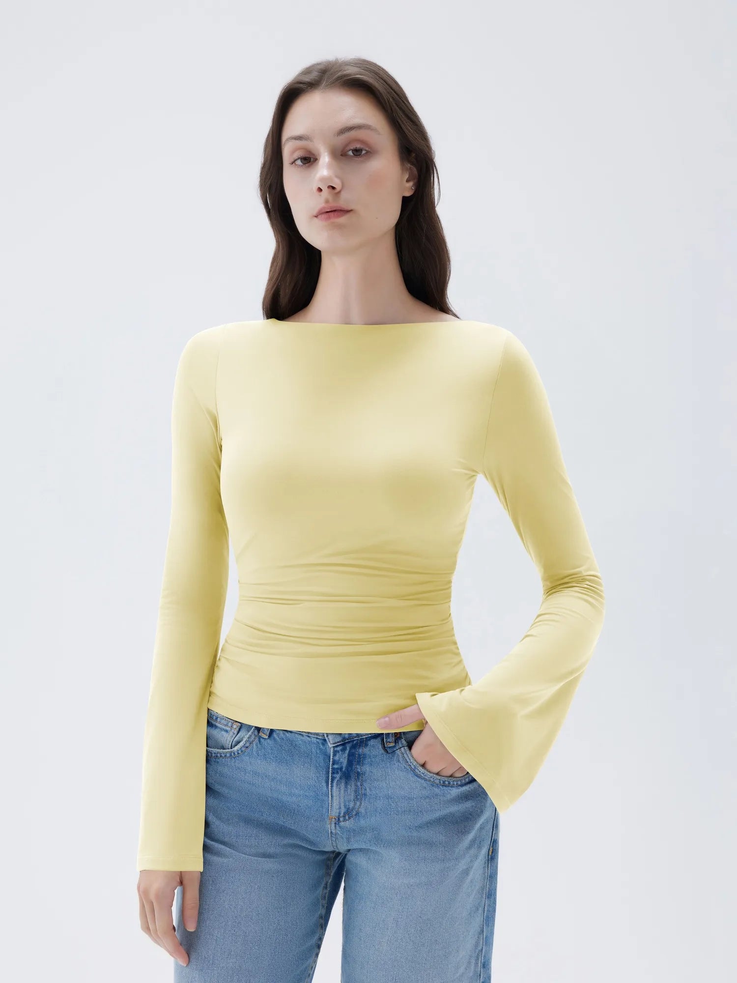 SUUKSESS Women Crew Neck Bell Sleeve Tops Double Lined Going Out Fitted Basic T Shirts-SUUKSESS-SUUKSESS
