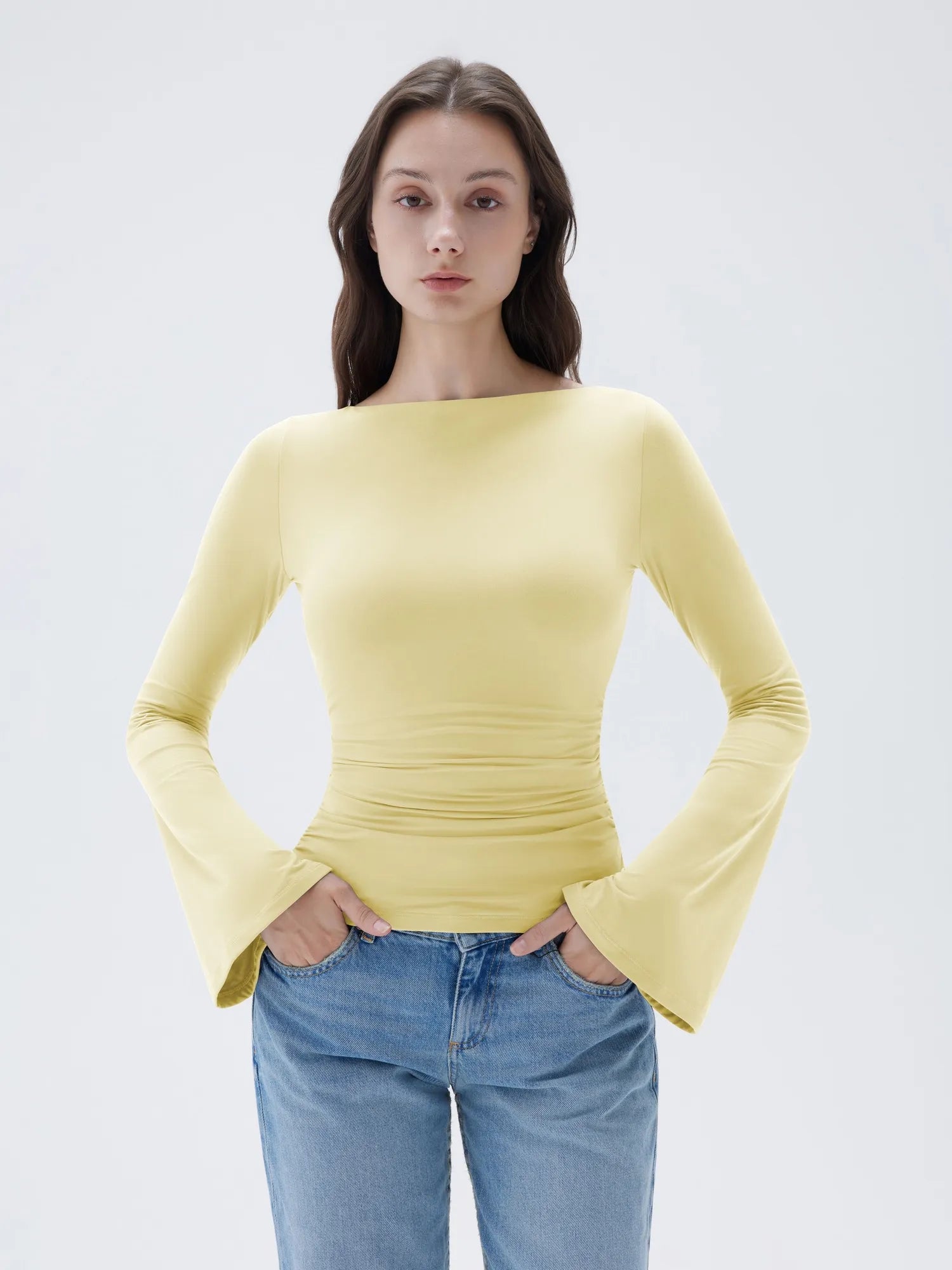 SUUKSESS Women Crew Neck Bell Sleeve Tops Double Lined Going Out Fitted Basic T Shirts-SUUKSESS-SUUKSESS