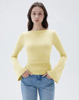 SUUKSESS Women Crew Neck Bell Sleeve Tops Double Lined Going Out Fitted Basic T Shirts-SUUKSESS-SUUKSESS
