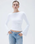 SUUKSESS Women Crew Neck Bell Sleeve Tops Double Lined Going Out Fitted Basic T Shirts-SUUKSESS-White-XS-SUUKSESS