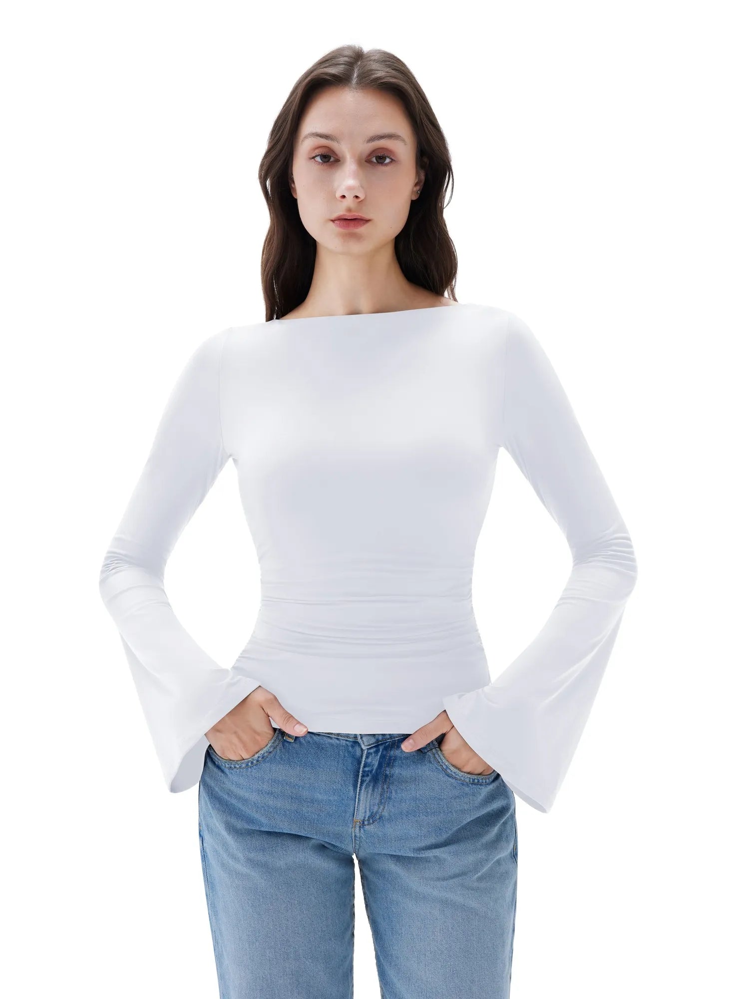 SUUKSESS Women Crew Neck Bell Sleeve Tops Double Lined Going Out Fitted Basic T Shirts-SUUKSESS-SUUKSESS