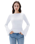SUUKSESS Women Crew Neck Bell Sleeve Tops Double Lined Going Out Fitted Basic T Shirts-SUUKSESS-SUUKSESS