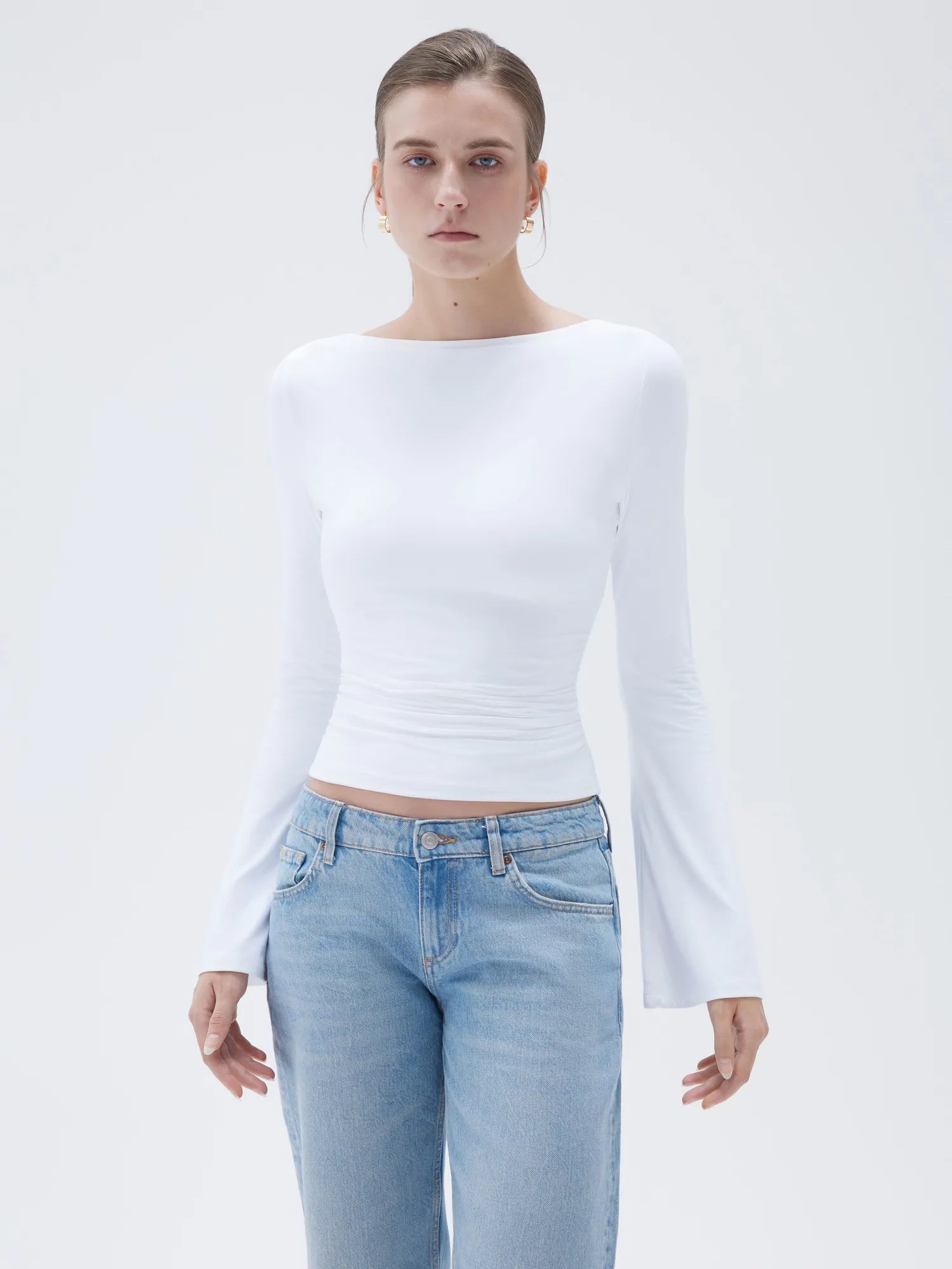 SUUKSESS Women Crew Neck Bell Sleeve Tops Double Lined Going Out Fitted Basic T Shirts-SUUKSESS-SUUKSESS