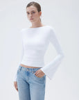 SUUKSESS Women Crew Neck Bell Sleeve Tops Double Lined Going Out Fitted Basic T Shirts-SUUKSESS-SUUKSESS