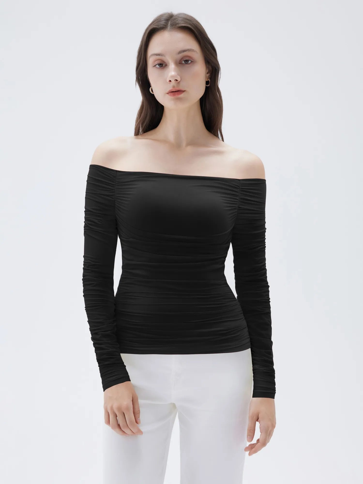 SUUKSESS Women Double Line Mesh Padded Tops Off The Shoulder Long Sleeve Shirts-SUUKSESS-Black-XS-SUUKSESS