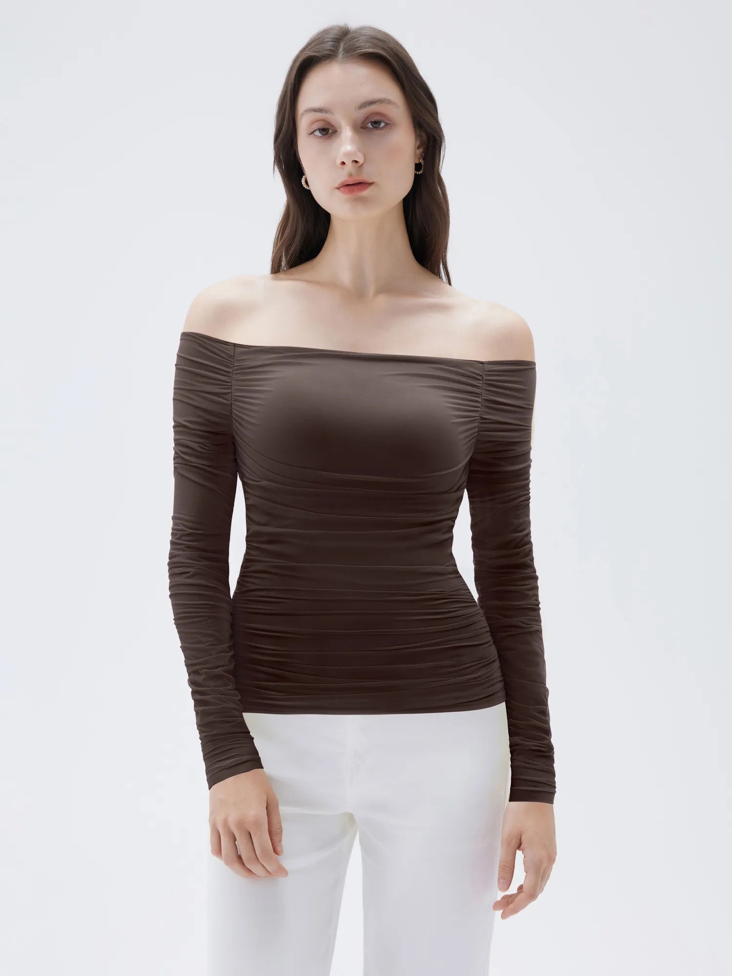 SUUKSESS Women Double Line Mesh Padded Tops Off The Shoulder Long Sleeve Shirts-SUUKSESS-Brown-XS-SUUKSESS