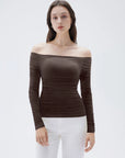 SUUKSESS Women Double Line Mesh Padded Tops Off The Shoulder Long Sleeve Shirts-SUUKSESS-Brown-XS-SUUKSESS