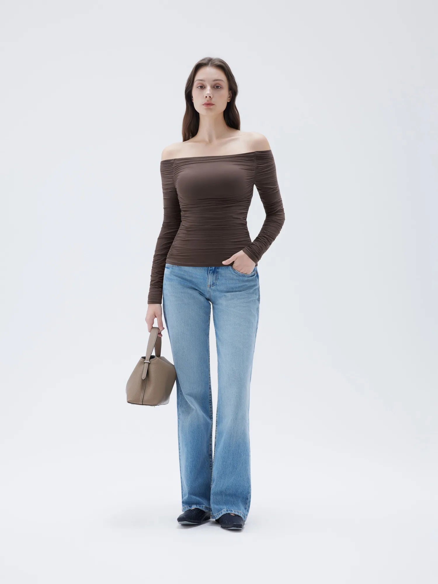 SUUKSESS Women Double Line Mesh Padded Tops Off The Shoulder Long Sleeve Shirts-SUUKSESS-SUUKSESS