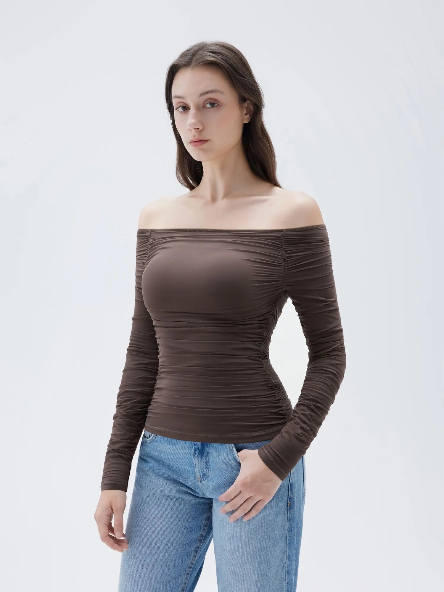 SUUKSESS Women Double Line Mesh Padded Tops Off The Shoulder Long Sleeve Shirts-SUUKSESS-SUUKSESS