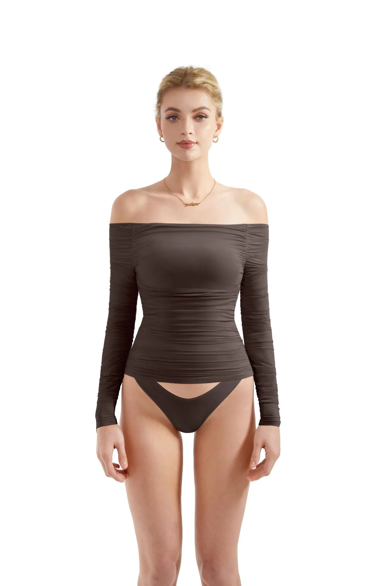 SUUKSESS Women Double Line Mesh Padded Tops Off The Shoulder Long Sleeve Shirts-SUUKSESS-SUUKSESS