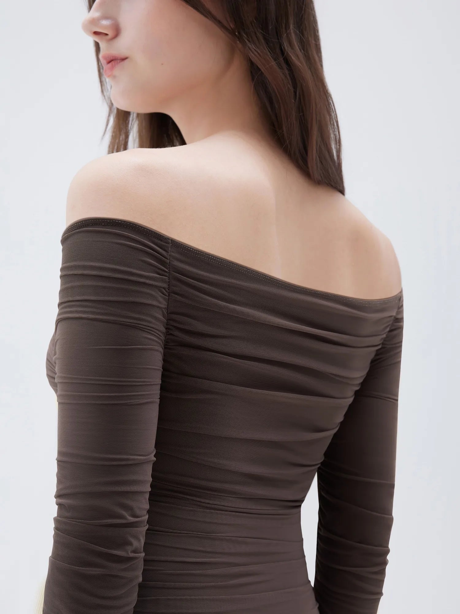 SUUKSESS Women Double Line Mesh Padded Tops Off The Shoulder Long Sleeve Shirts-SUUKSESS-SUUKSESS