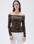 SUUKSESS Women Double Line Mesh Padded Tops Off The Shoulder Long Sleeve Shirts-SUUKSESS-Leopard-XS-SUUKSESS