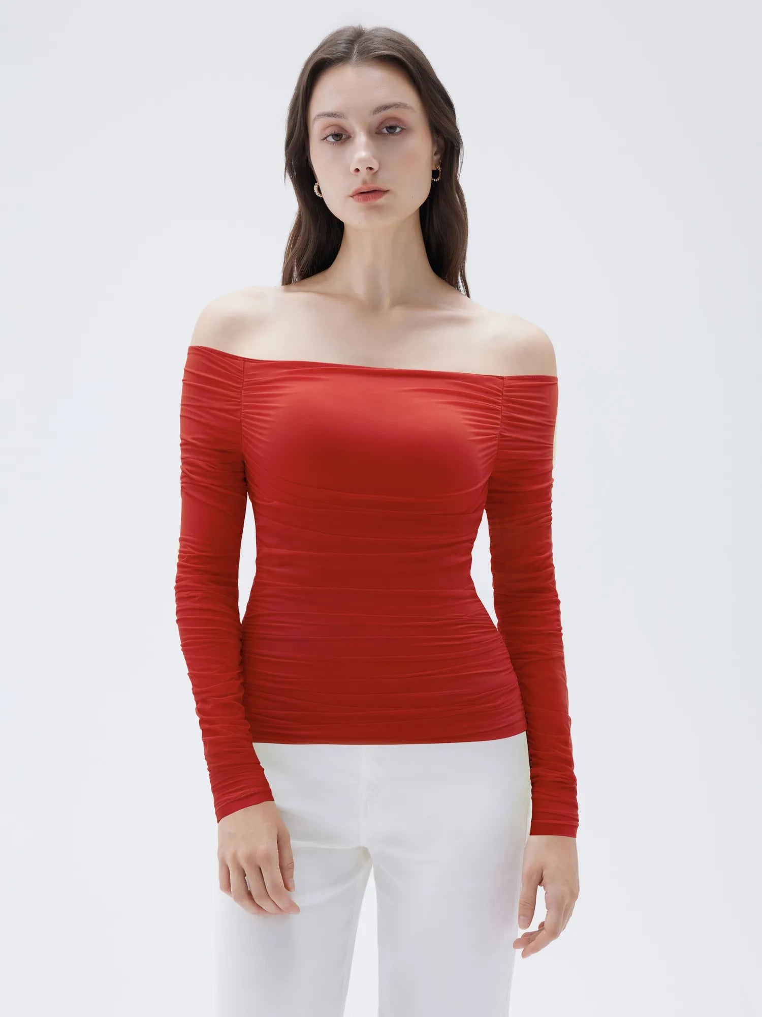 SUUKSESS Women Double Line Mesh Padded Tops Off The Shoulder Long Sleeve Shirts-SUUKSESS-Red-XS-SUUKSESS