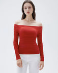 SUUKSESS Women Double Line Mesh Padded Tops Off The Shoulder Long Sleeve Shirts-SUUKSESS-Red-XS-SUUKSESS