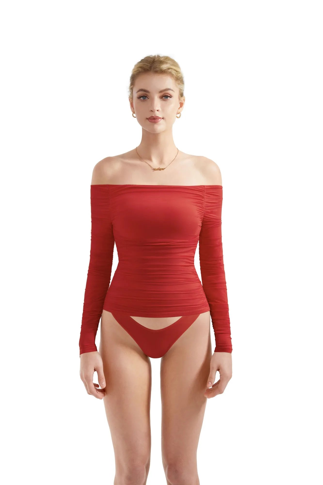 SUUKSESS Women Double Line Mesh Padded Tops Off The Shoulder Long Sleeve Shirts-SUUKSESS-SUUKSESS