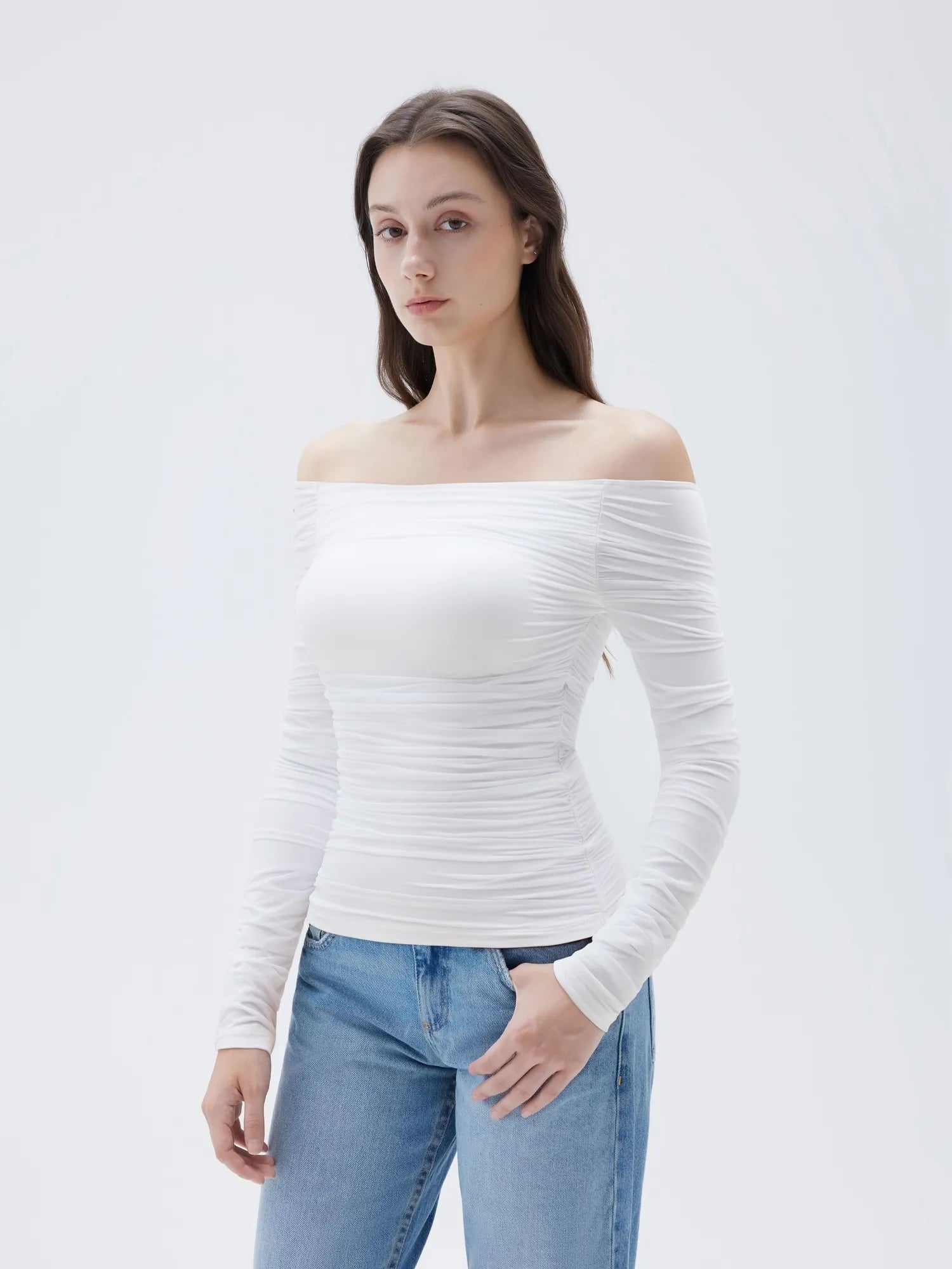 SUUKSESS Women Double Line Mesh Padded Tops Off The Shoulder Long Sleeve Shirts-SUUKSESS-White-XS-SUUKSESS