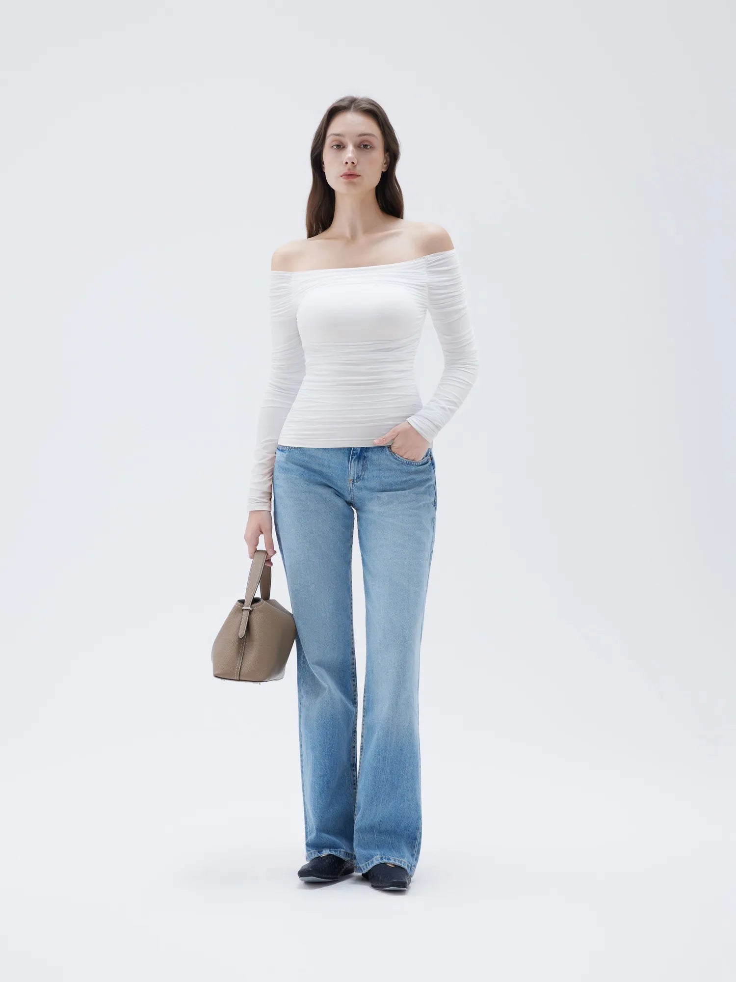 SUUKSESS Women Double Line Mesh Padded Tops Off The Shoulder Long Sleeve Shirts-SUUKSESS-SUUKSESS