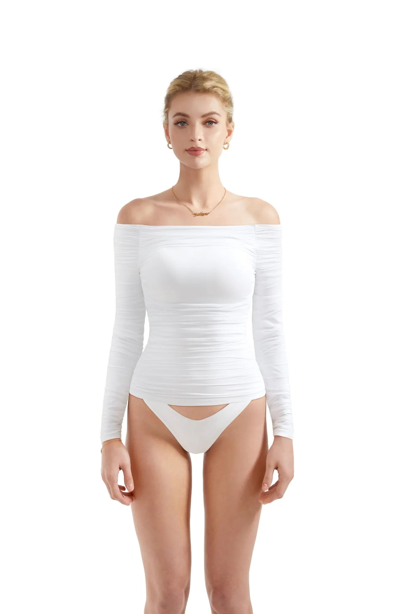 SUUKSESS Women Double Line Mesh Padded Tops Off The Shoulder Long Sleeve Shirts-SUUKSESS-SUUKSESS