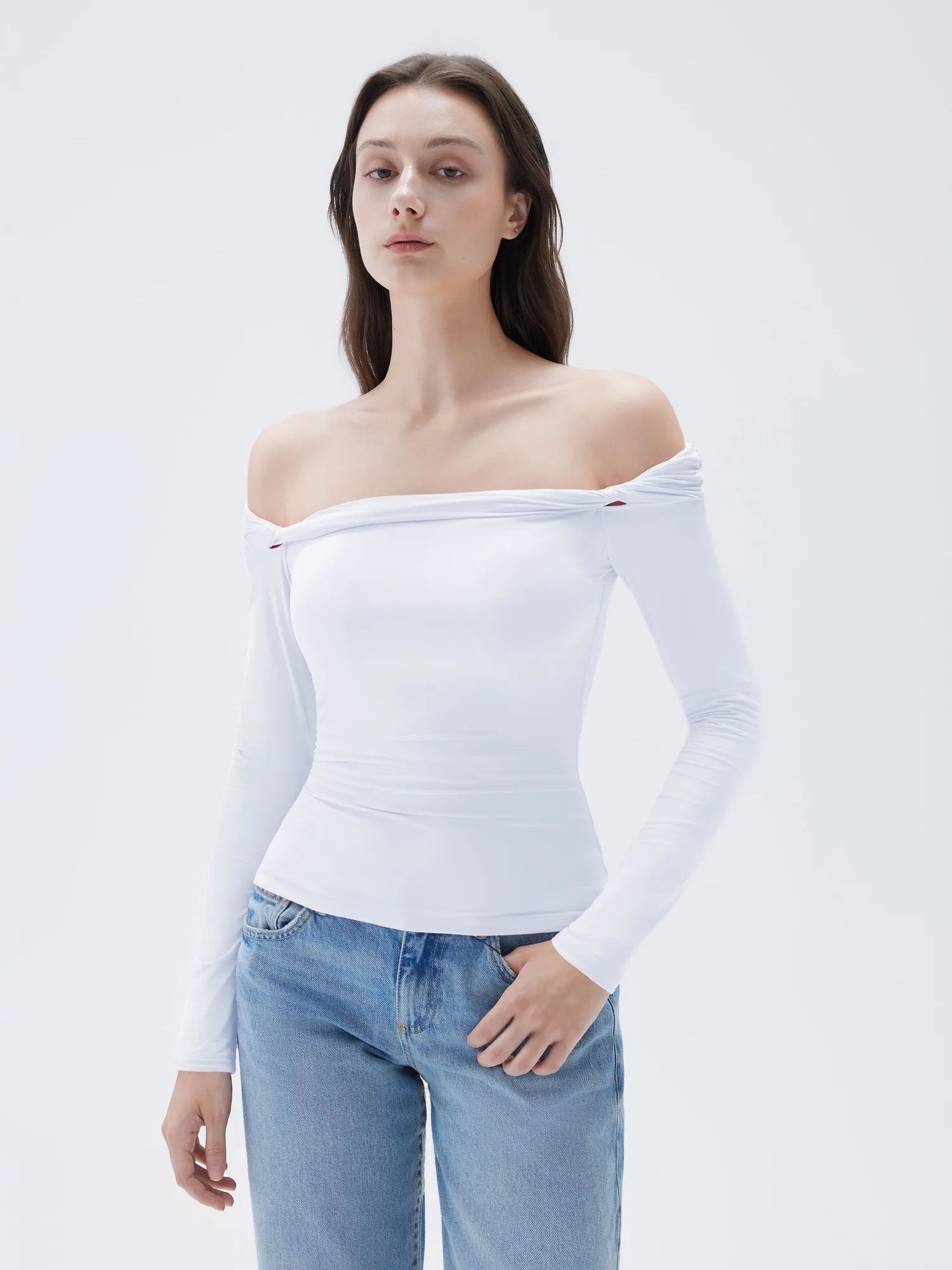 SUUKSESS Women Off The Shoulder Tops with Built in Bra Double Lined Going Out Fitted Basic Fall Shirts-SUUKSESS-White-XS-SUUKSESS