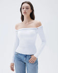SUUKSESS Women Off The Shoulder Tops with Built in Bra Double Lined Going Out Fitted Basic Fall Shirts-SUUKSESS-White-XS-SUUKSESS