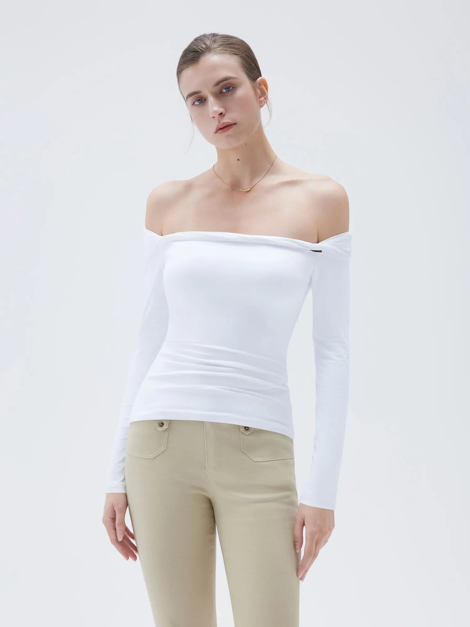 SUUKSESS Women Off The Shoulder Tops with Built in Bra Double Lined Going Out Fitted Basic Fall Shirts-SUUKSESS-SUUKSESS