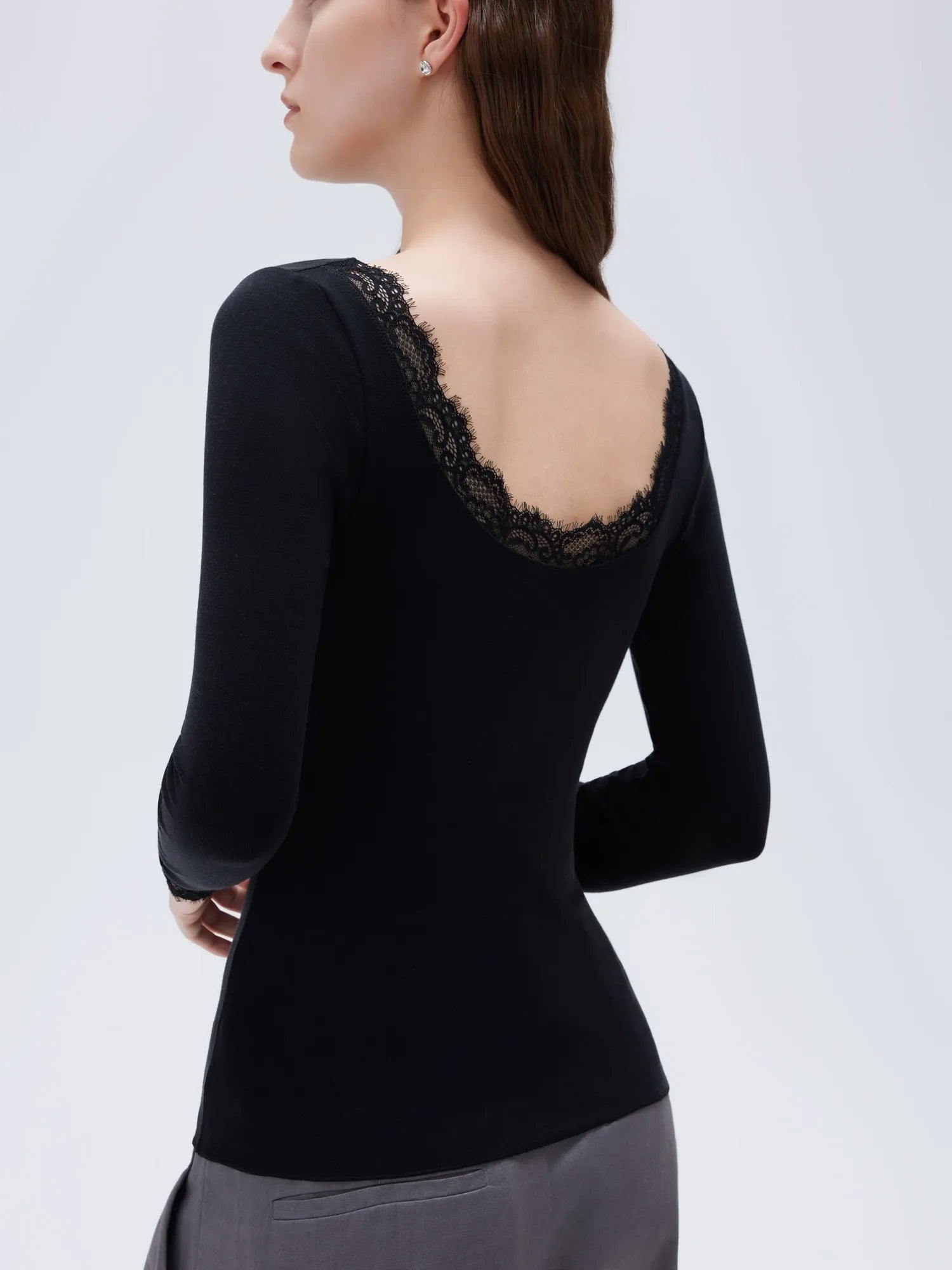 SUUKSESS Cloud Cashmere Women Lace Scoop Neck Tops Basic Long Sleeve Knit Shirts-SUUKSESS-SUUKSESS